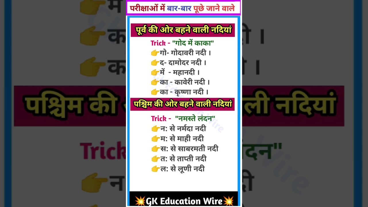 River Trick | पूर्व और पश्चिम की ओर बहने वाली नदियां ट्रिक ##shorts #river #geography #gkinhindi #gk