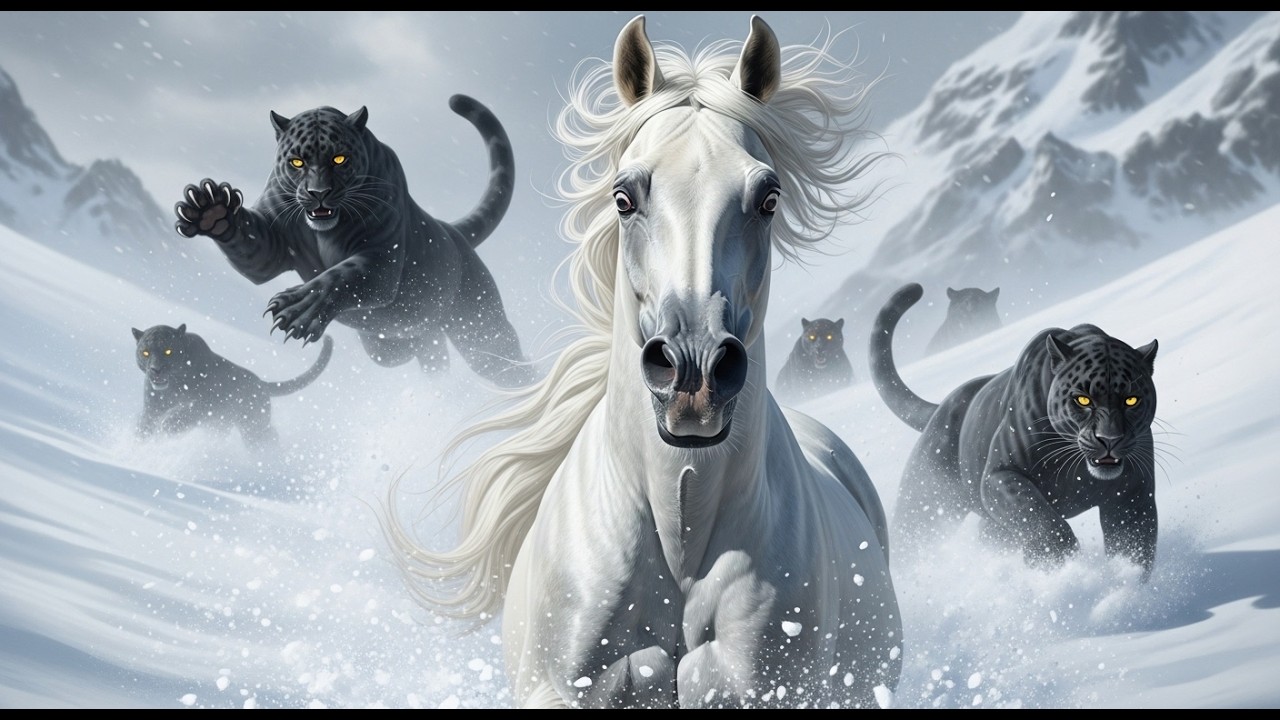 White Arabian Horse Fighting to Survive – Chased by Panthers in the Snowy Mountains