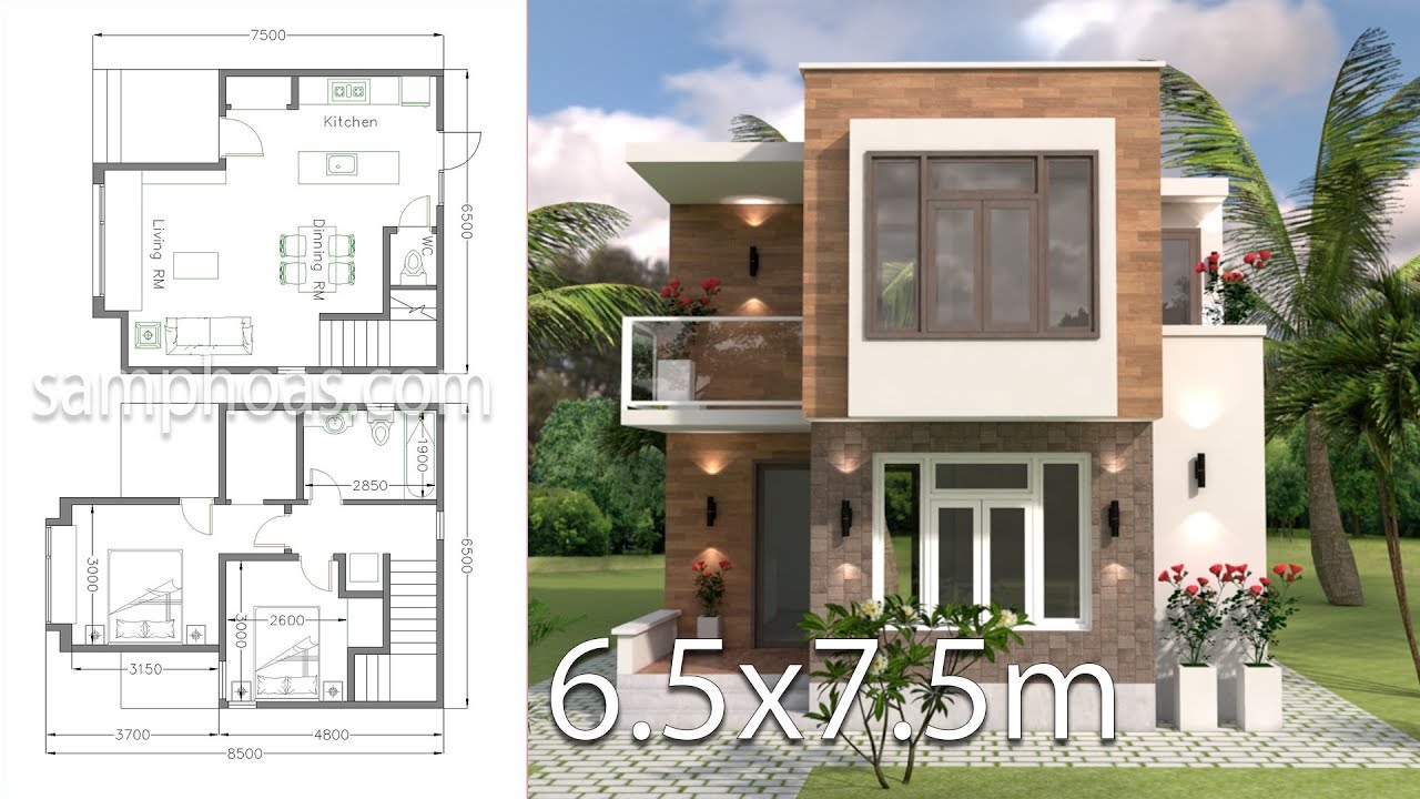 Small House Design with Full Plan 6.5x7.5m 2 Bedrooms