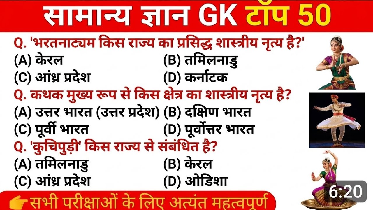 GK Top 50 Questions | भारत के प्रमुख शास्त्रीय नृत्य (Classical Dances of India) | SSC, Railway,