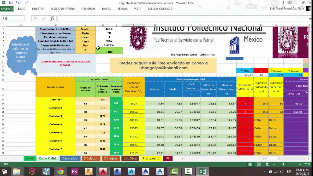 Excel Cálculo de Alcantarillado Sanitario, Pluvial y Combinado