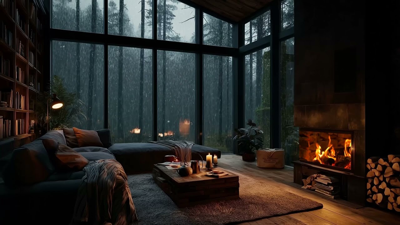 Rain ambience fireplace sounds cozy cabin night asmr