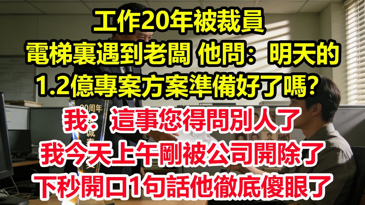 工作20年被裁員，電梯裏遇到老闆 他問：明天的1.2億專案方案準備好了嗎？我：這事您得問別人了，我今天上午剛被公司開除了！下秒開口1句話他徹底傻眼了！#情感 #爽文 #職場 #生活 #總裁