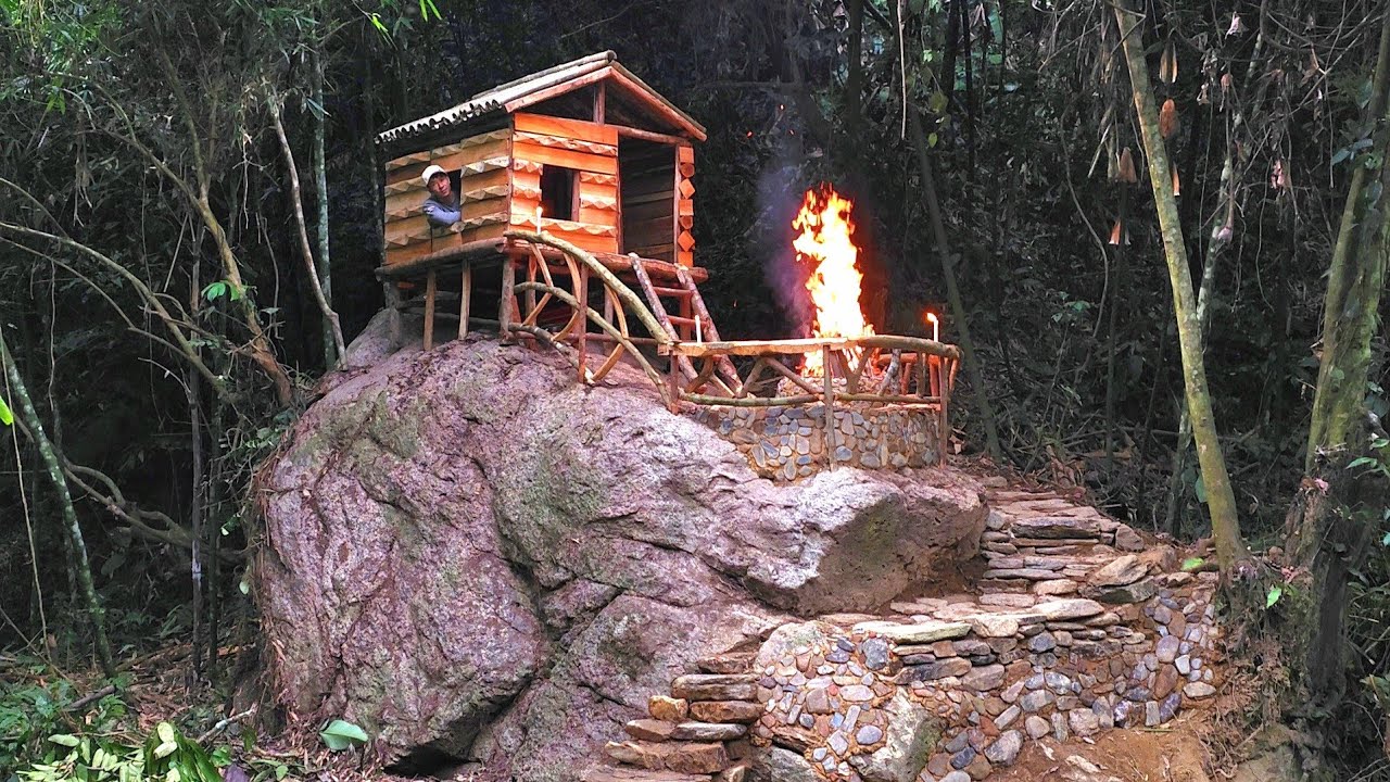 5 days building a shelter on a rock in the forest