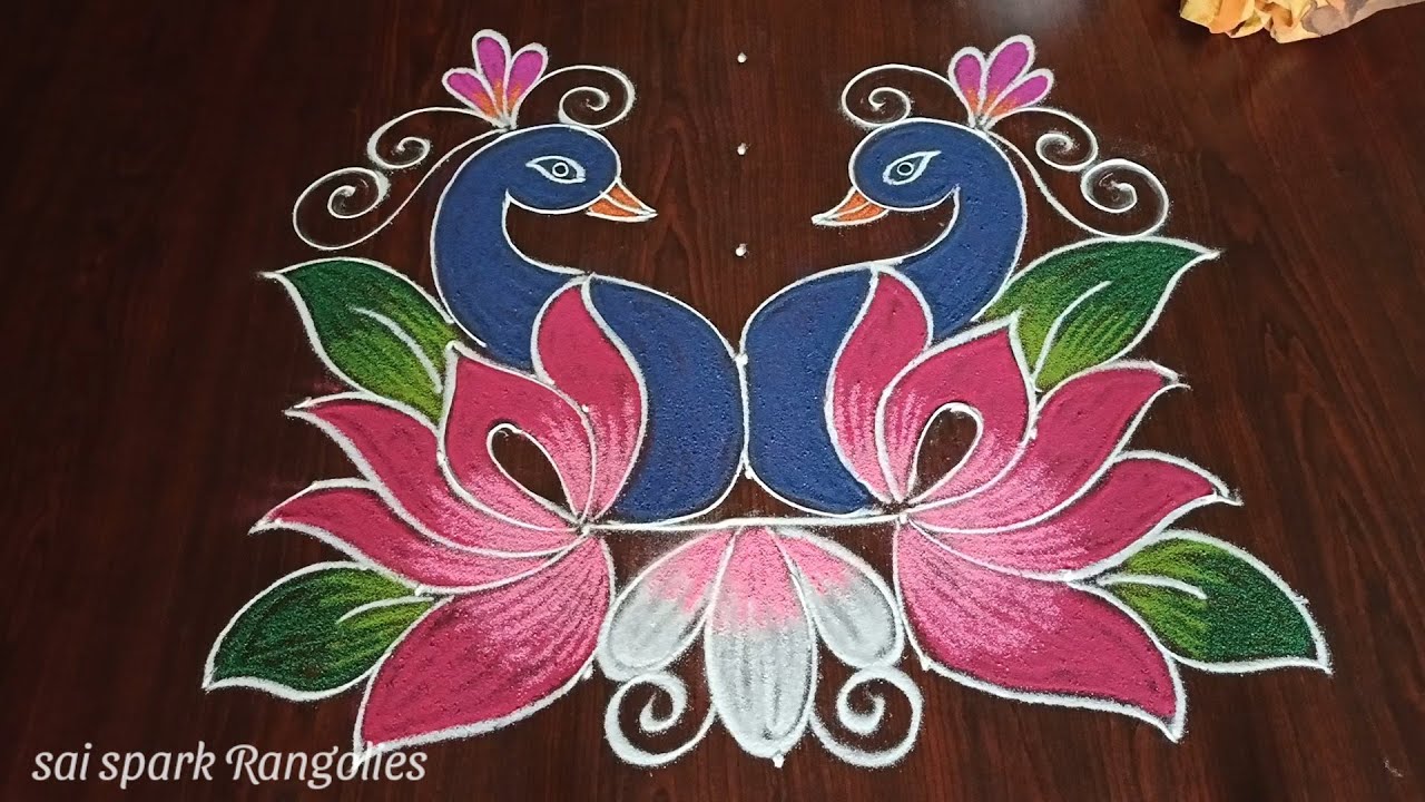 lotus with peacock rangoli (7*4) dots | thamarai kolam | new mayil kolam @saisparkrangolies