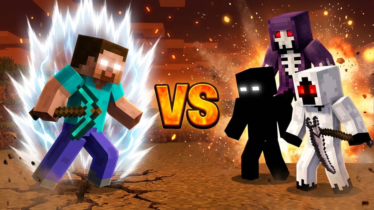 Херобрин против Нуля, Сущности и Повелителя Ужаса (анимация из Minecraft)