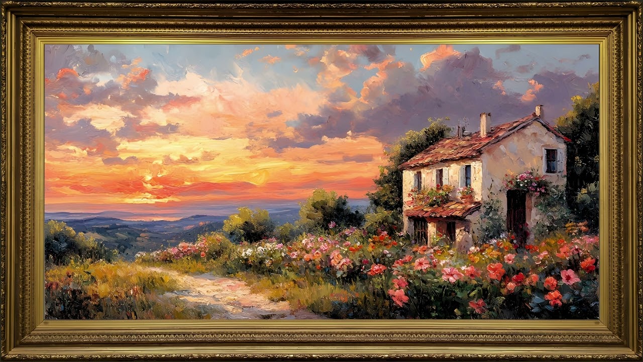 Rustic Home Cottage Garden, Vintage Oil Painting | Framed Art Screensaver for TV