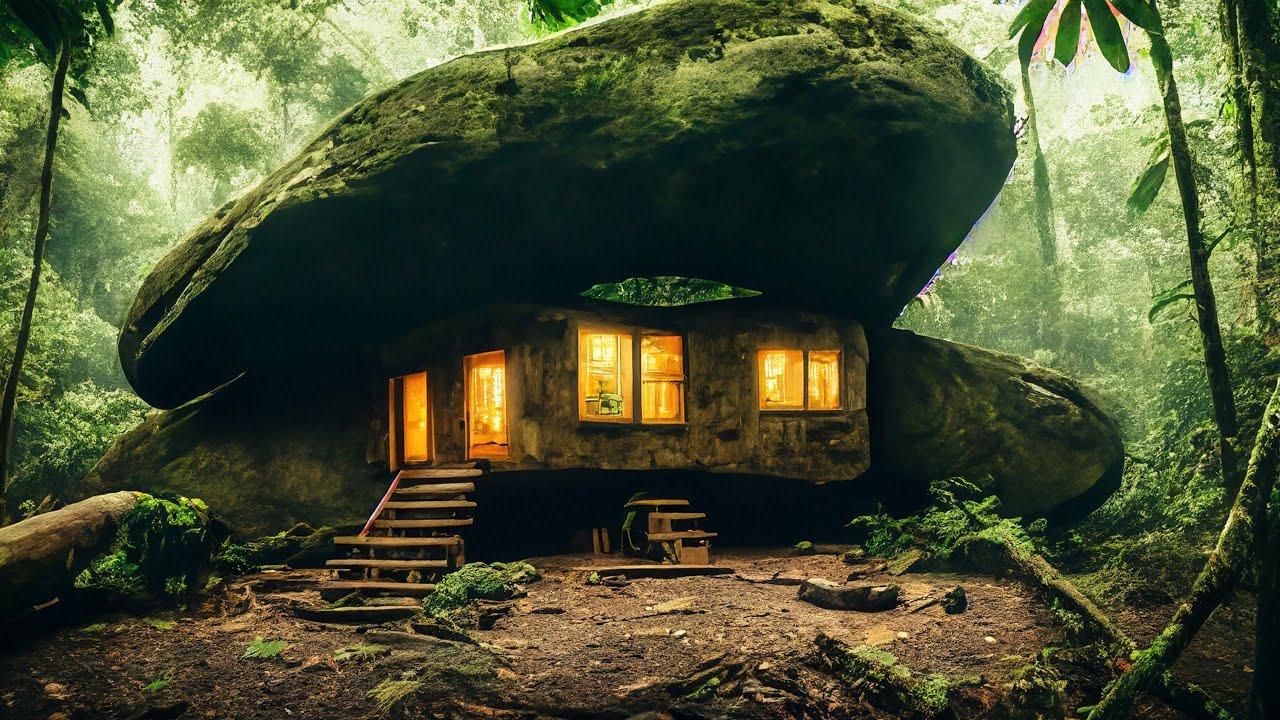I built a warm shelter under a large rock in the rain forest, hunted and cooked