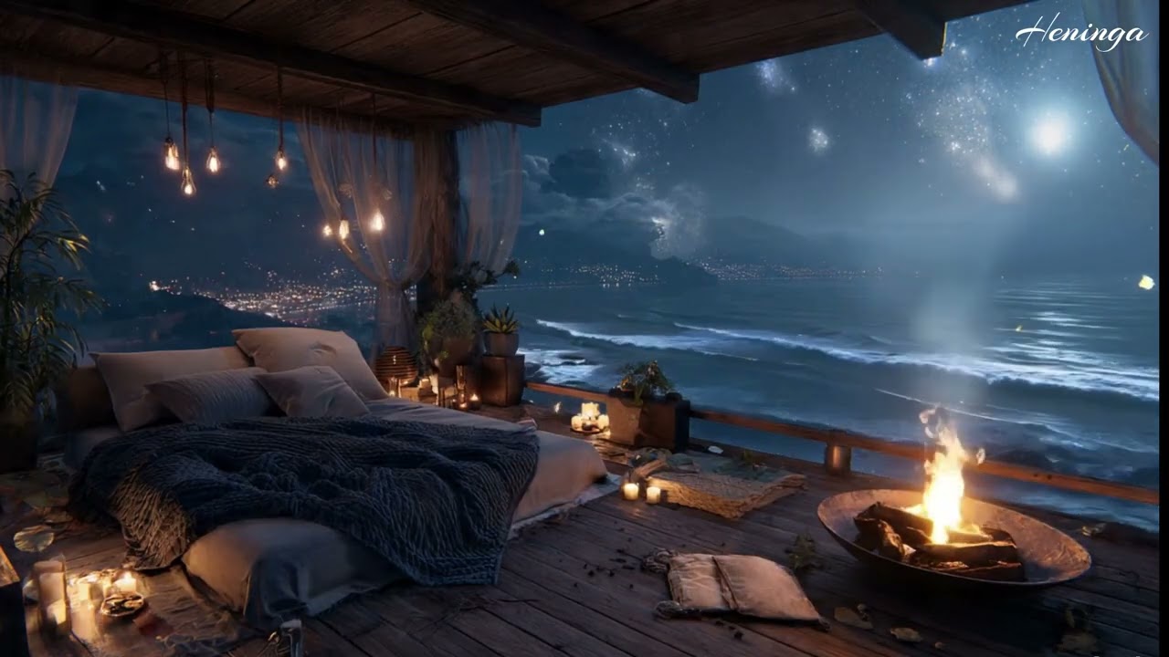 Fall Asleep by the Ocean 🌊🔥 Gentle Waves & Campfire Sounds  Relaxing Night Ambience
