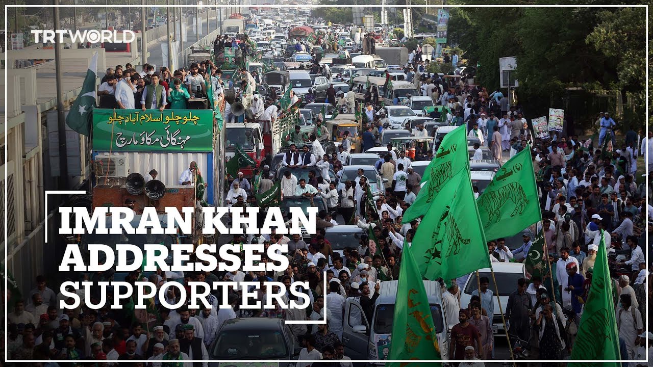 Pakistan's PM Imran Khan addresses supporters at a rally in Islamabad