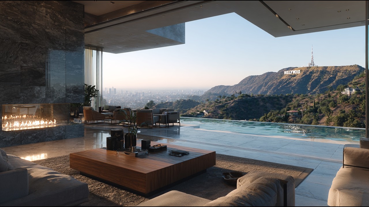 4K Hollywood Hideaway - 2 Hours 🌴✨ Luxury Fireplace & Infinity Pool Ambience | Slow Piano Jazz