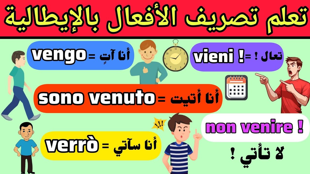 تعلم تصريف الأفعال في كل الأزمنة باللغة الإيطالية | الفعل venire