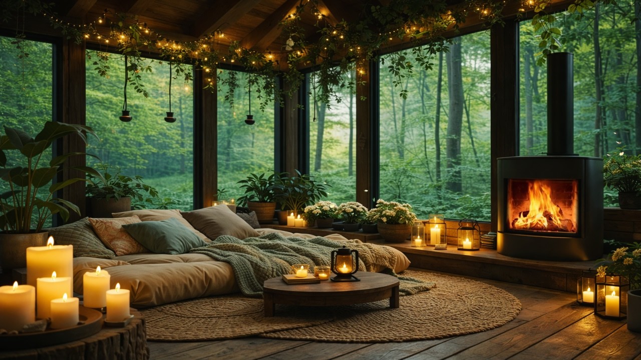 Sleep to Gentle Spring Rain | Cozy Forest Retreat with Fireplace Glow