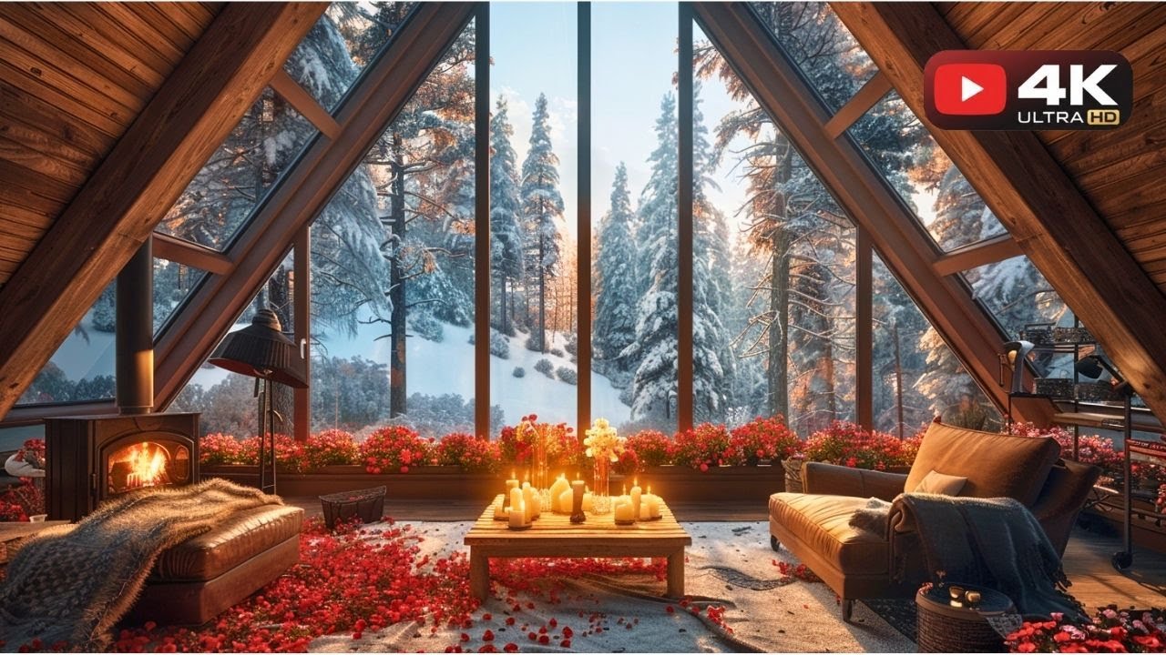 Romantic Acoustic Guitar for Valentine's Day 🌹 Cozy Winter Fireplace & Red Roses