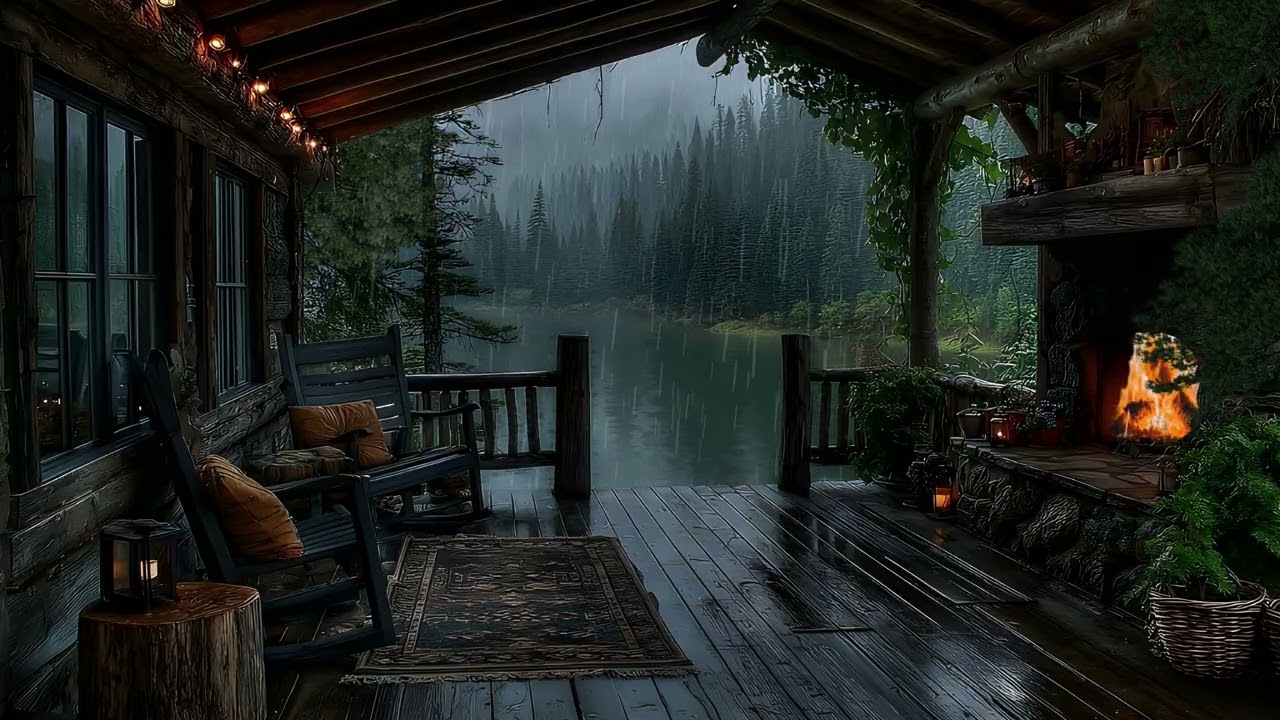 Heavy Rain on a Lake Cabin Porch 🌧🌲  Fireplace & Forest Rain Sounds for Deep Sleep