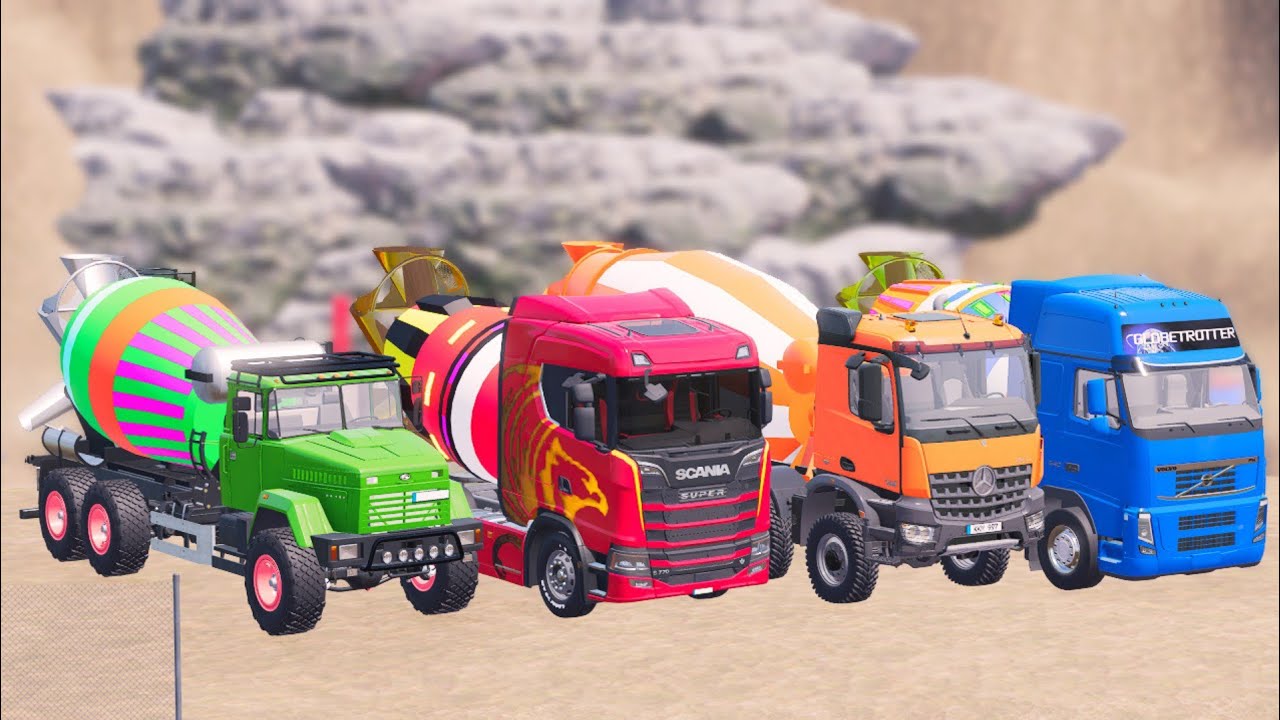 TRANSPORTING PUBLIC WORKS VEHICLES ALL MIXER TRUCK AMERICAN & MIXER RGB TO GARAGE WITH ALL COLORS