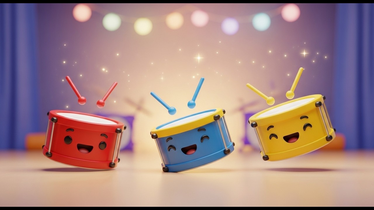 Três Pequenos Tambores de Brinquedo Bum Bum | Rimas de Música e Ritmo para Crianças