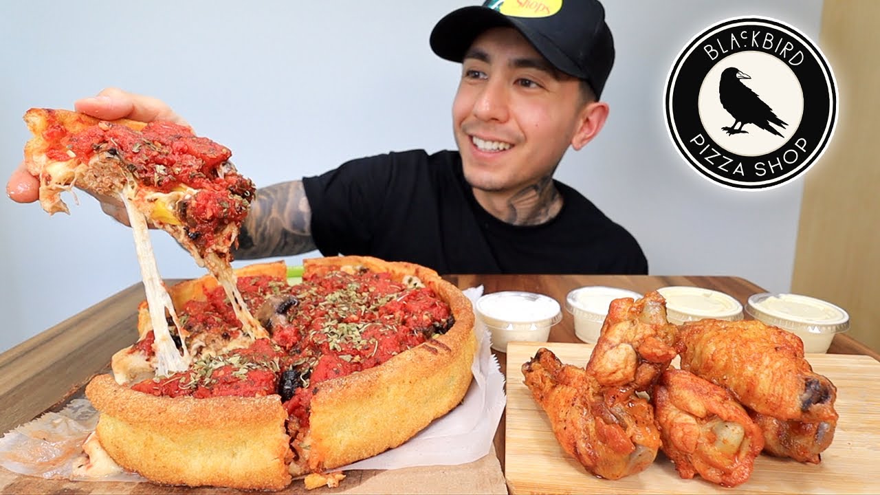 MUKBANG EATING Chicago-Style CHEESY Deep Dish Pizza And Buffalo Wings From Blackbird Pizza