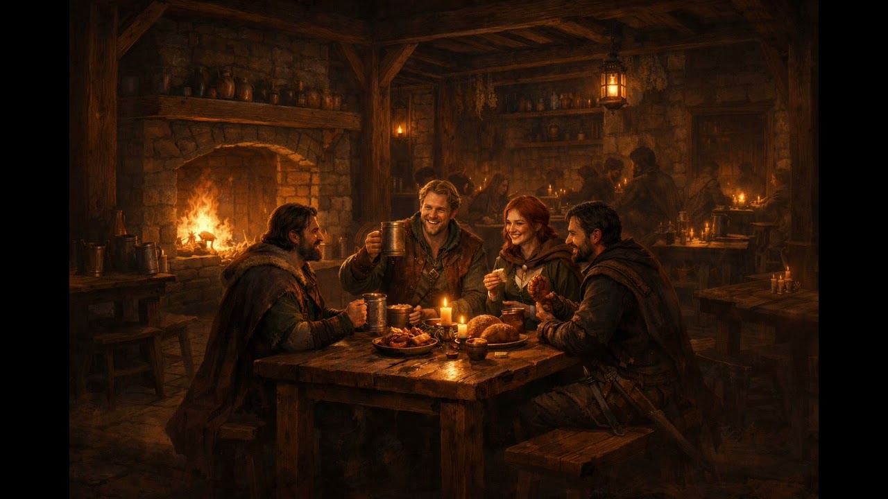You are sharing a meal with loyal friends in a cozy tavern
