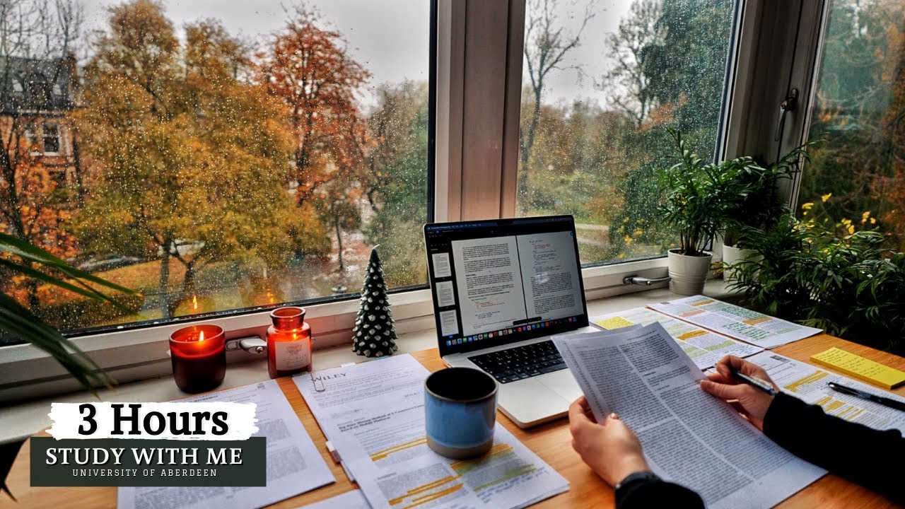 3 HOUR STUDY WITH ME on A RAINY DAY   Background noise, 10 min Break, No music, Study with Merve
