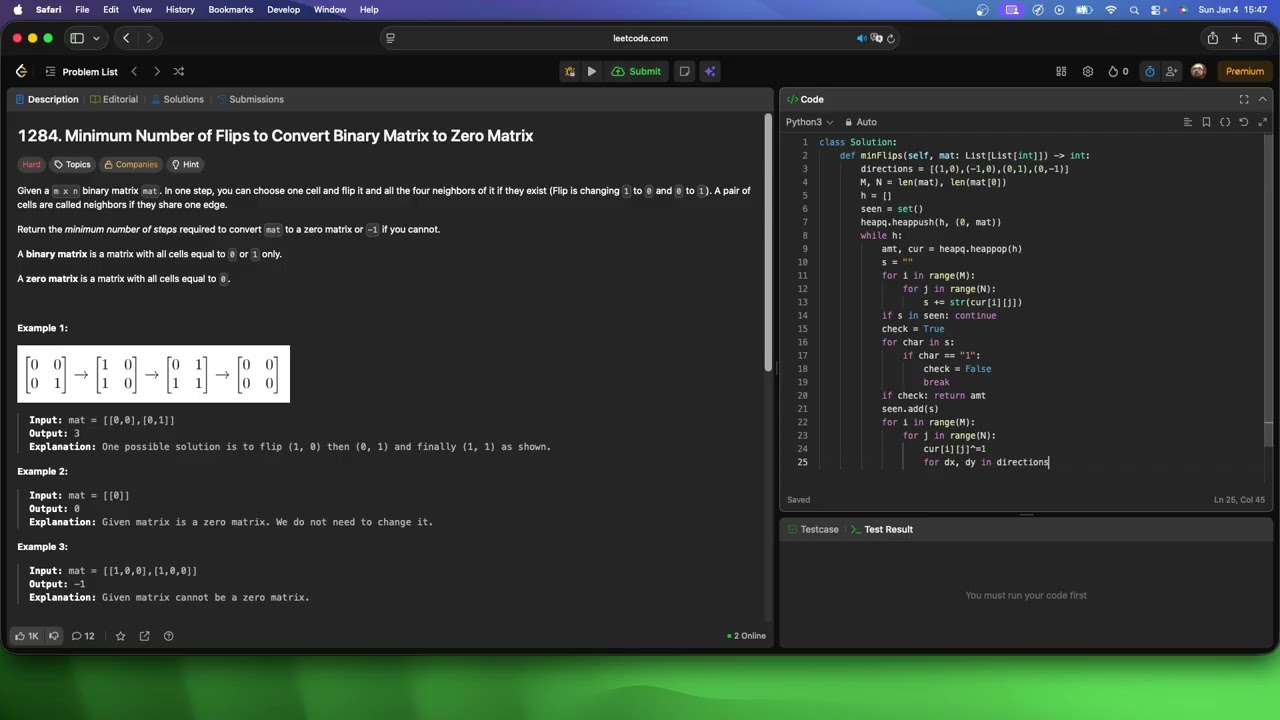 No Sound Leetcode 1284: Minimum Number of Flips to Convert Binary Matrix to Zero Matrix