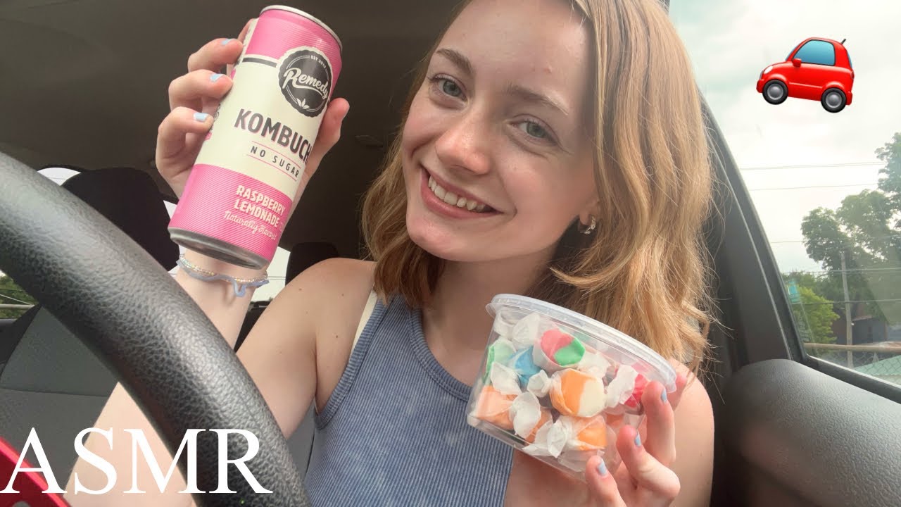 ASMR Salt water taffy mukbang in my car 🍬 (soft spoken, rain sounds)
