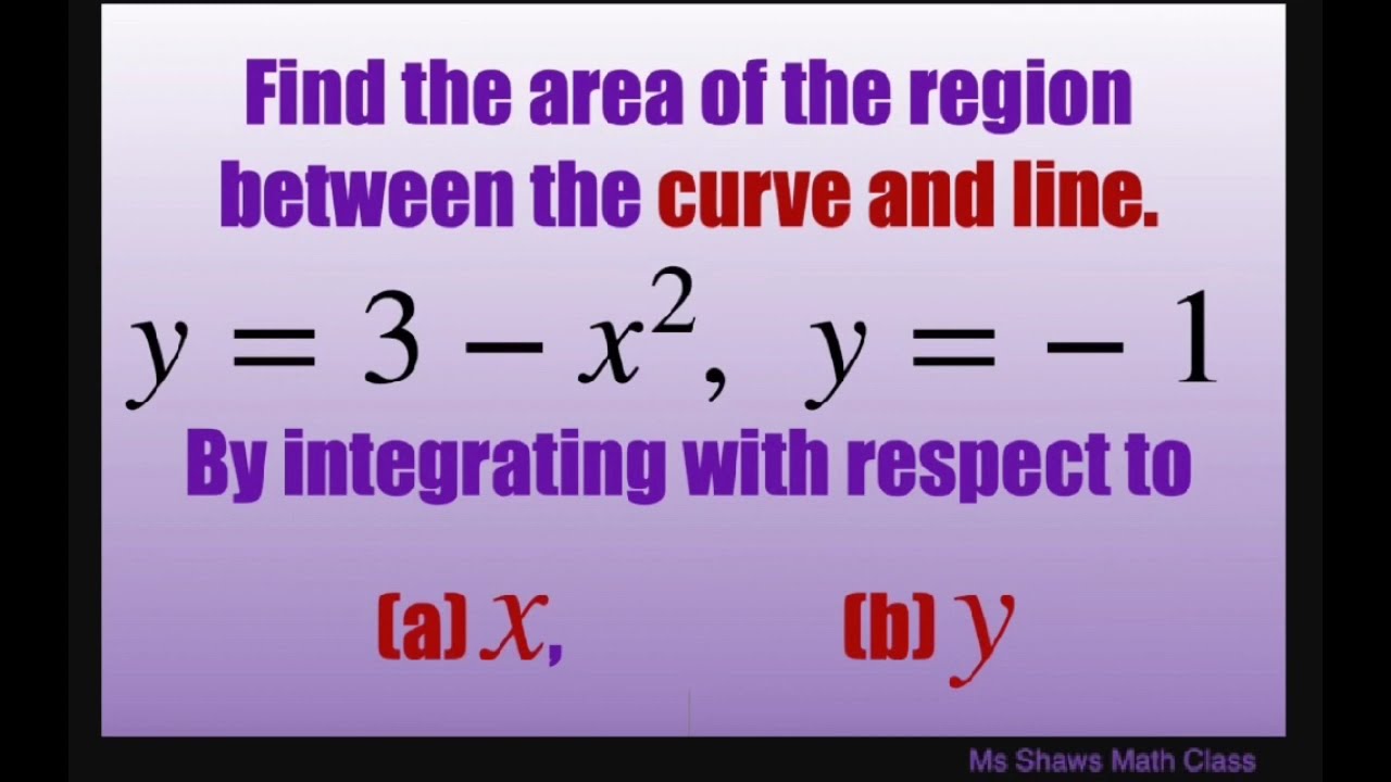 Find area between curve y = 3-x^2 and line y =-1 by integrating with respect to x and to y