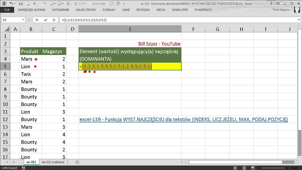 excel-331 - Dominanta dla tekstów INDEKS, WYST.NAJCZĘŚCIEJ, PODAJ.POZYCJĘ