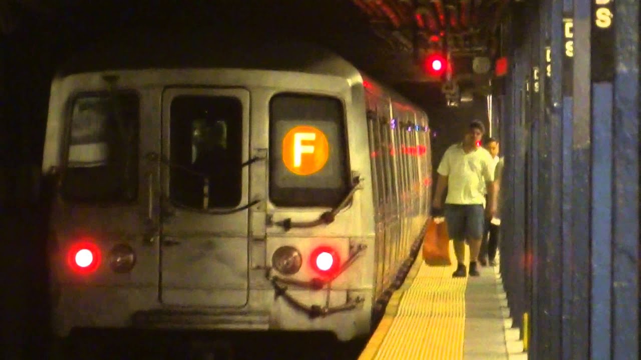 NYC Subway: Coney Island-bound R46 (F) Entering & Leaving Delancey Street