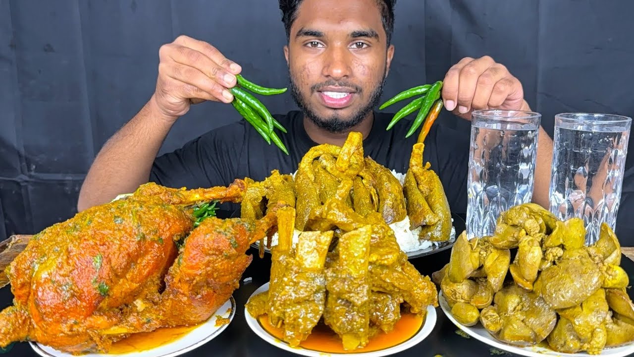 full chicken curry, chicken liver curry, mutton full lungs curry and buffalo chaap with rice eating