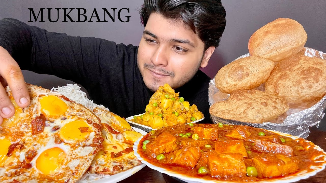 EATING* DAL CHAWAL,MATAR PANEER , ALOO MATAR WITH AFGANI EGGS AND PURI / RICE EATING | EATING SHOW