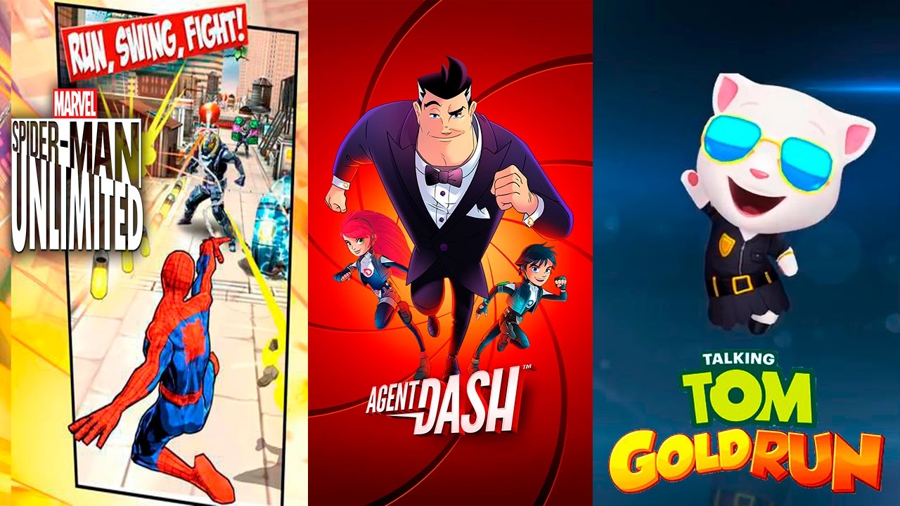 Talking Tom Gold Run vs Agent Dash vs Spider Man Unlimited - Running Games
