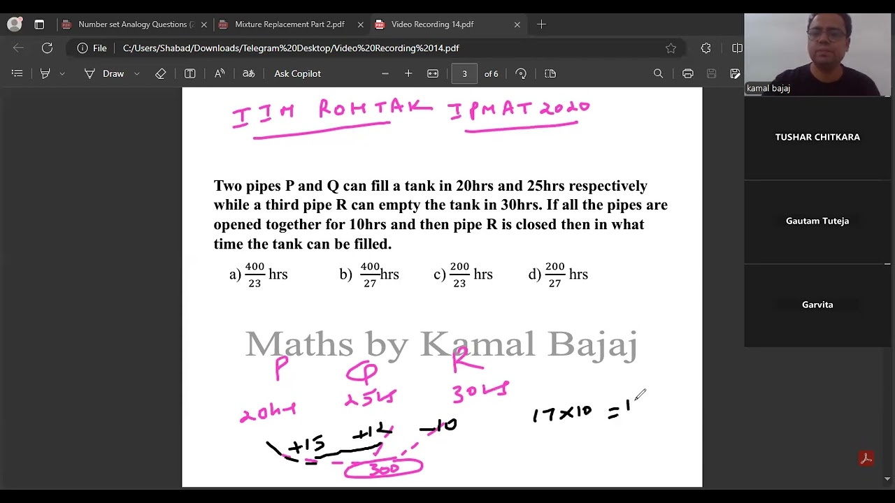 IIM Rohtak 2020 sample paper Question Two pipes P and Q can fill a tank in 20hrs and 25hrs respectiv