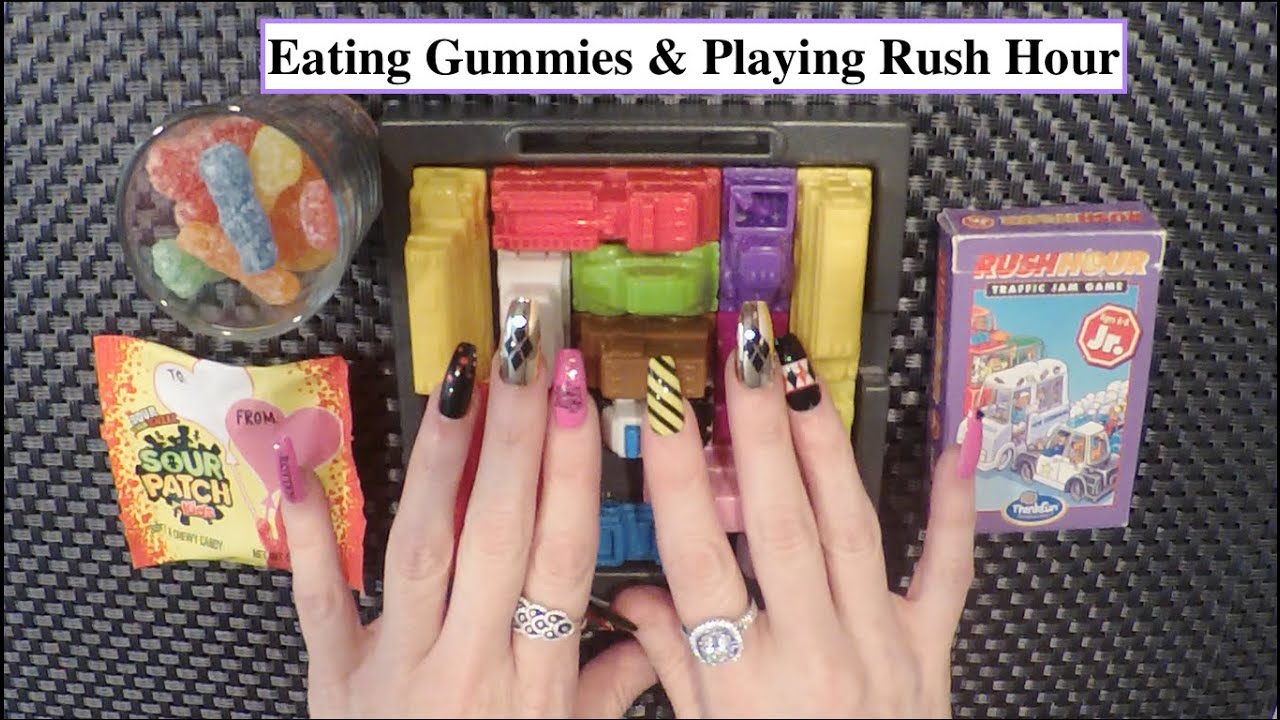ASMR Eating Gummy Sour Patch Kids & Playing Rush Hour | Whispered Ramble