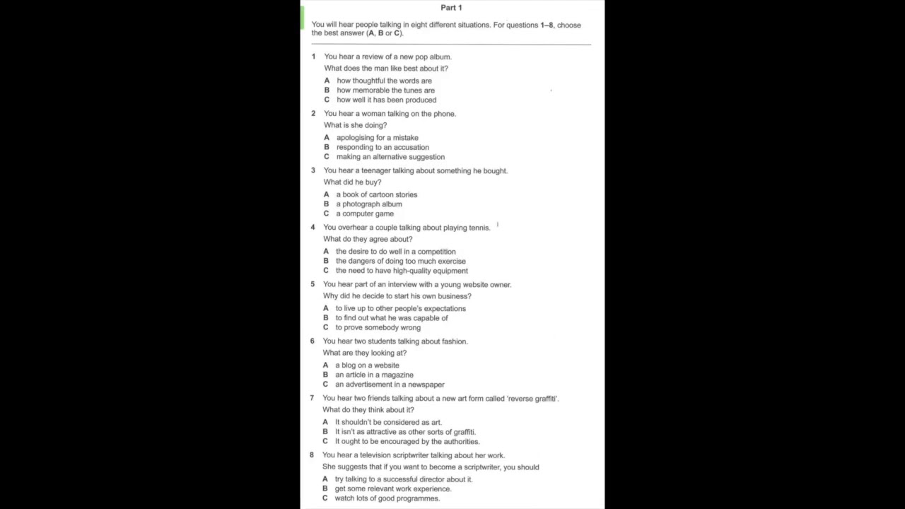 Listening B2, FCE Practice Plus 2 (2015), Test 8, Part 1
