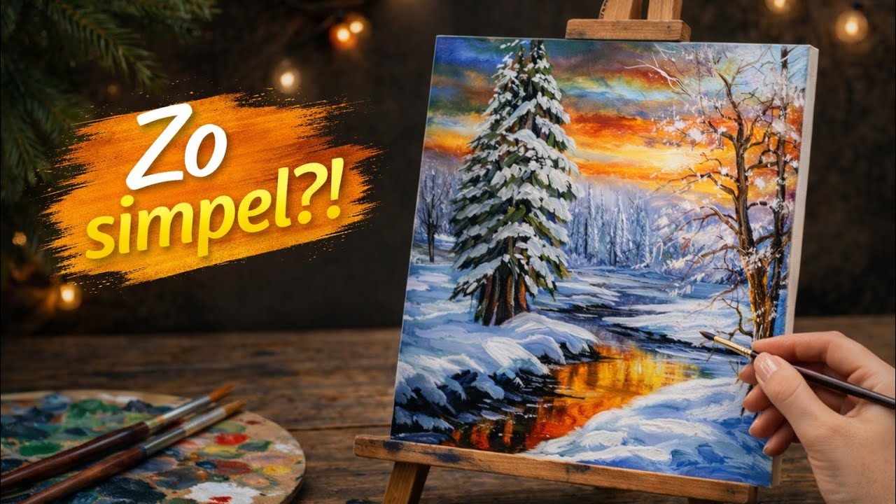 Gouden winterzonsondergang | Olieverf schilderles stap voor stap