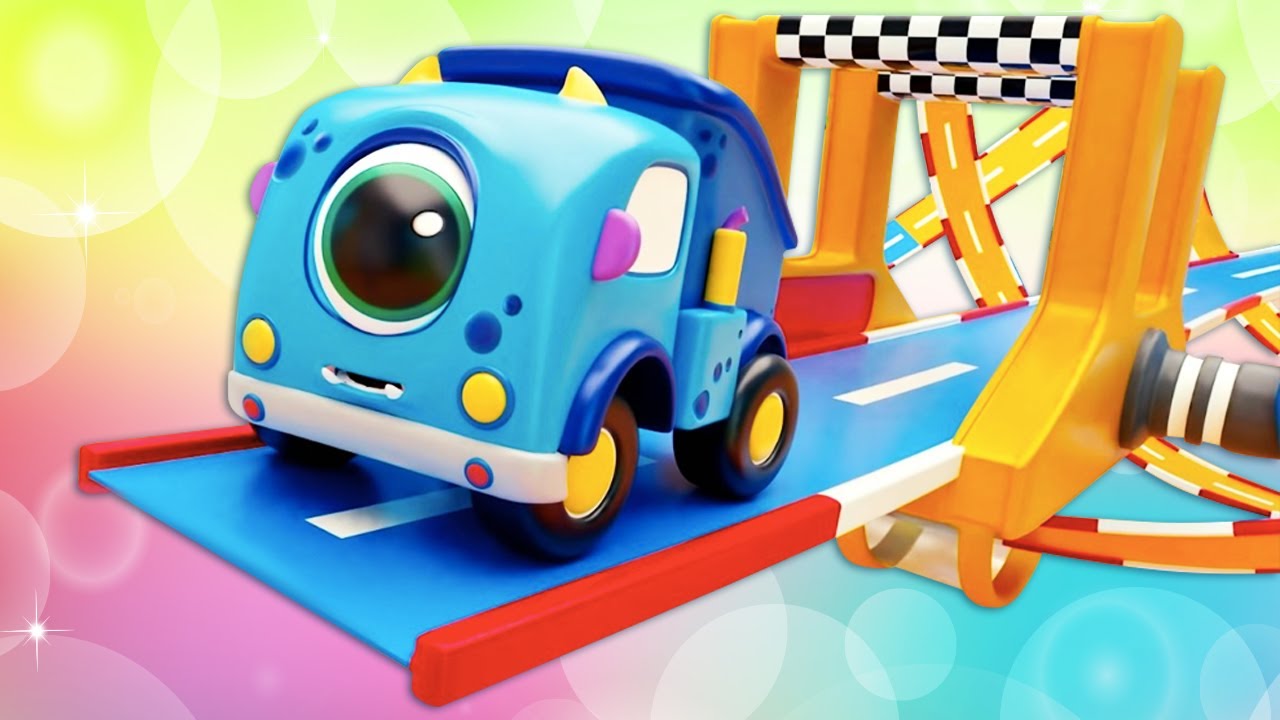 The Mocas cars are racing on the new toy race track for toy vehicles!