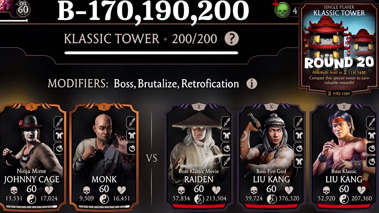 Klassic Tower Boss Battle 200 & 170, 190 Fight + Rewards MK Mobile | Legend Monk & Ninja Mine Cage