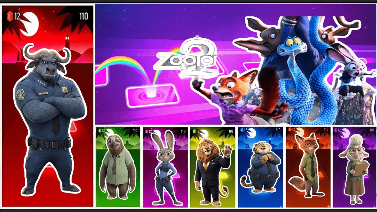 Zootopia Tiles hop Edm Rush:Bellwether🆚Mayor Lionheart🆚McHorn🆚Nick Wilde🆚Clawhauser🆚Flash