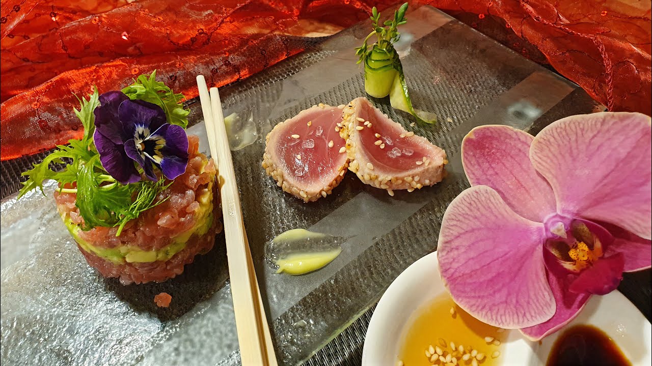 Tartar vom Thunfisch, Lachs und Avocado mit Kalamansisorbet