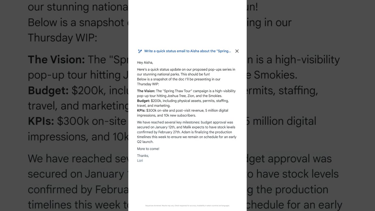 Help me write in Gmail can now leverage context from your past emails, chats, and Drive files 💡