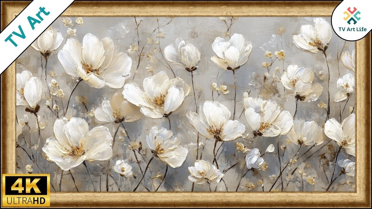 Muted White Floral Oil Painting Frame TV Art | Calm Home Decor | 10 Hours