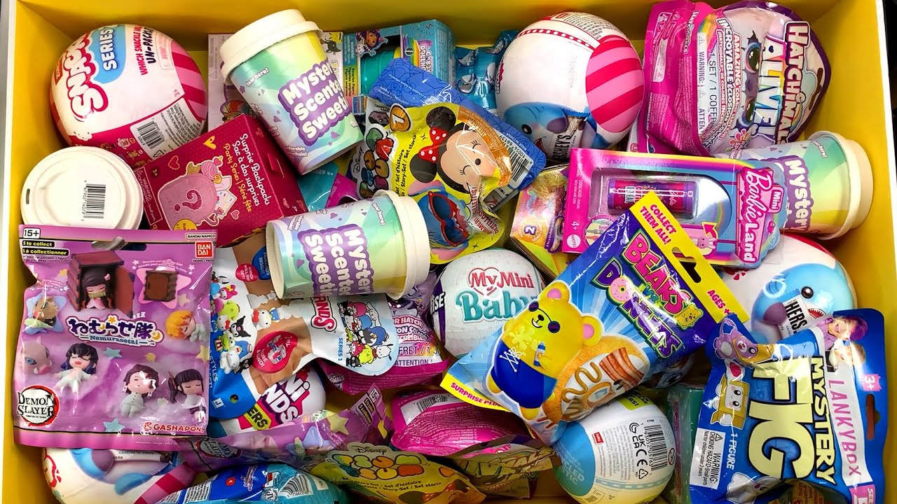 53 minutes of mystery surprise blind boxes and snackles, barbieland, hatchimals, & more