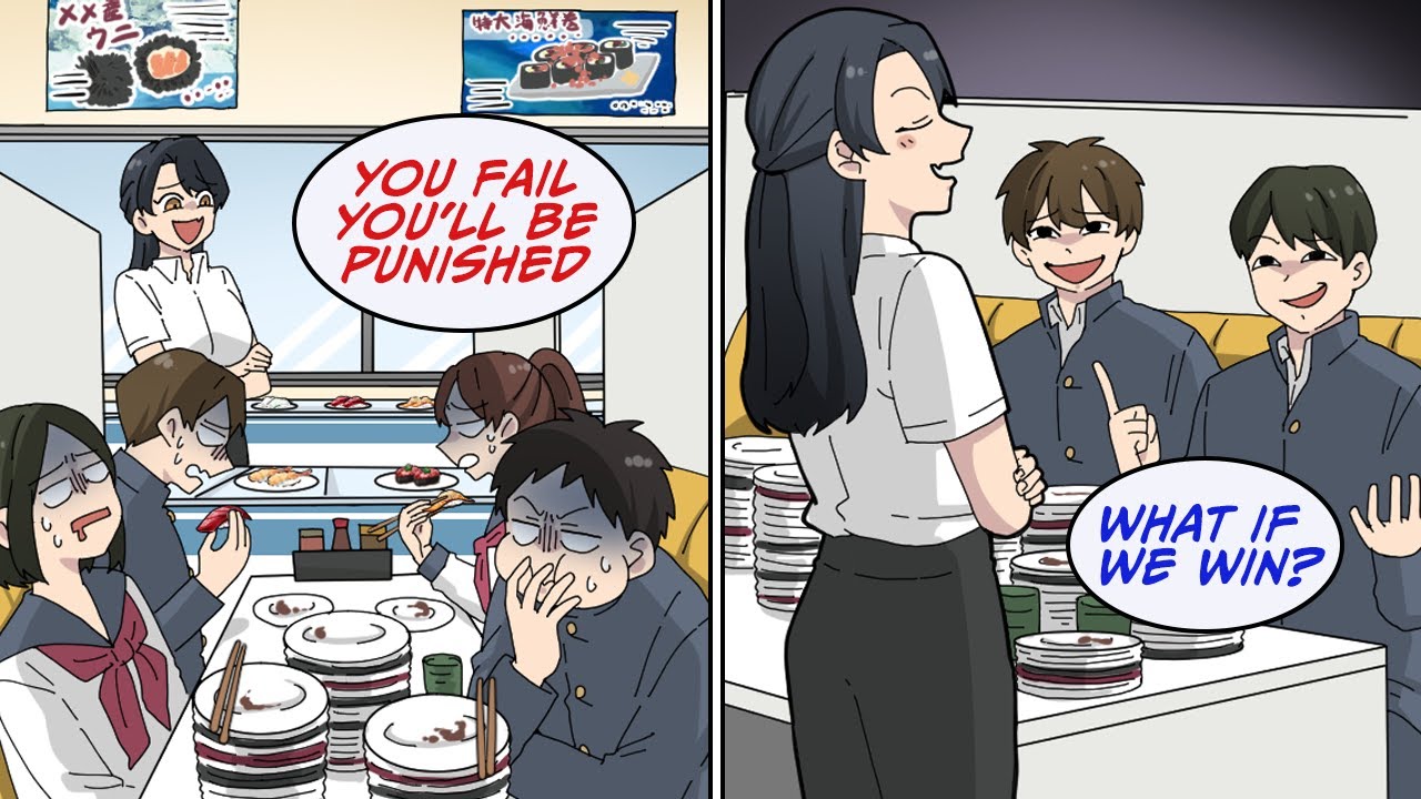 Our teacher who loves food-fighting forced the entire class to eat 1000 plates of sushi [Manga Dub]