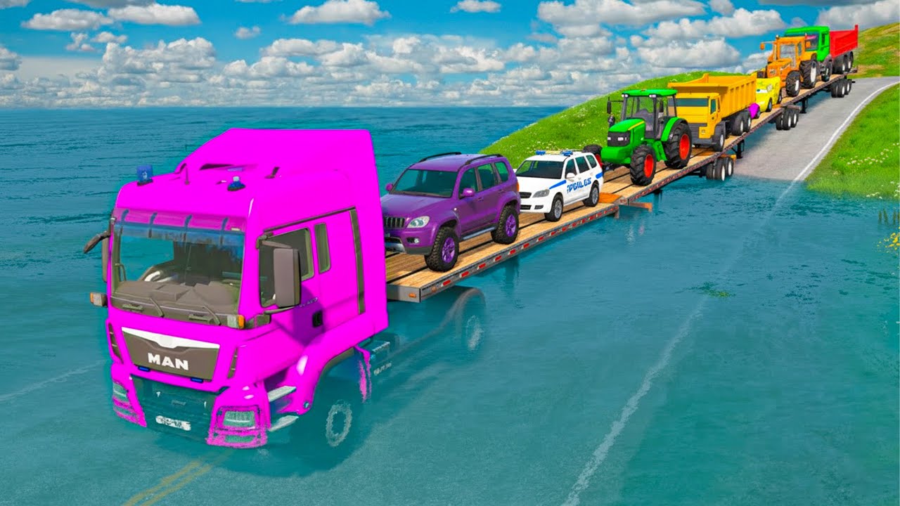 Тройной прицеп-платформа McQueen Transportation с грузовиком — Speedbumps vs Cars vs Train — Beam...