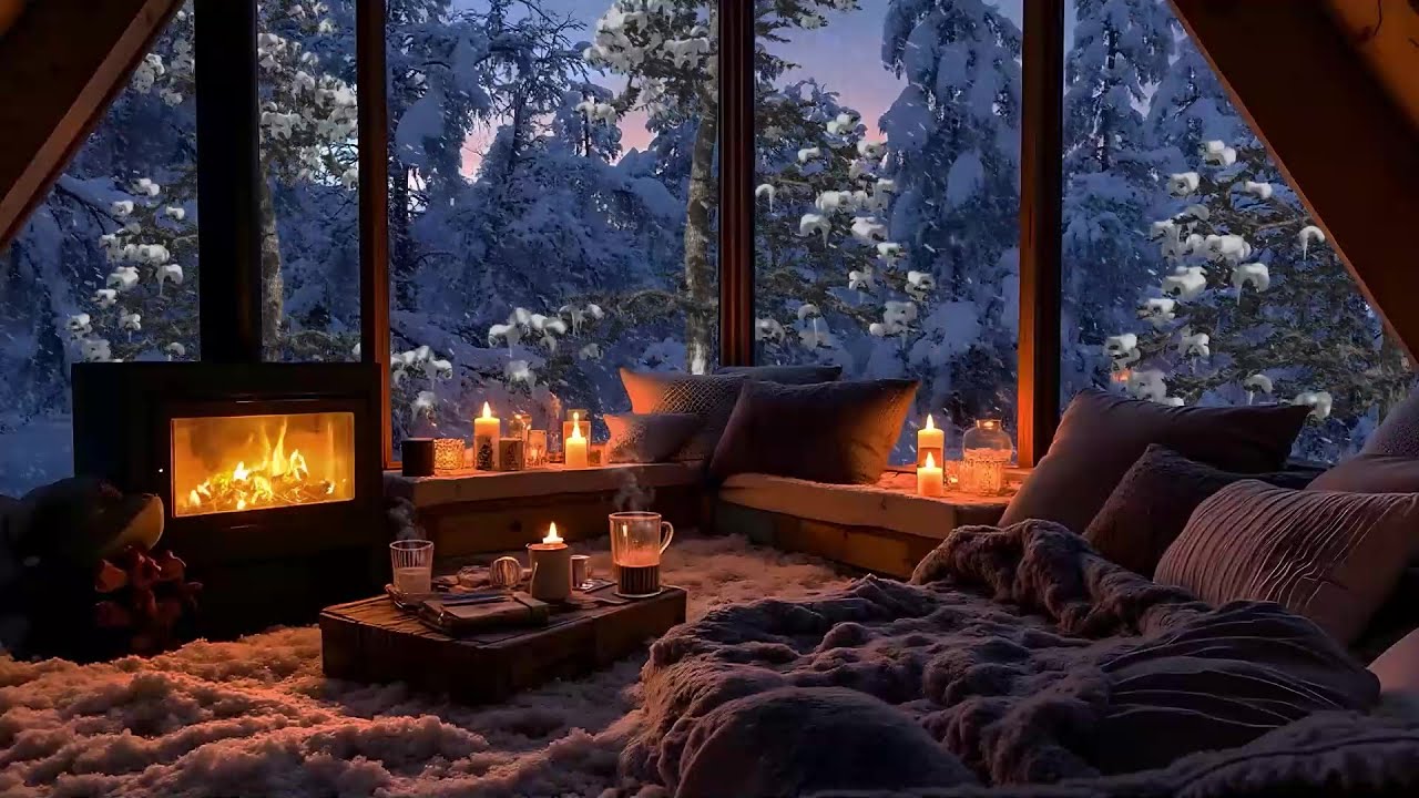 Cozy Snowy Cabin Ambience ❄️ Fireplace Crackle, Smooth Jazz & Falling Snow for Serenity