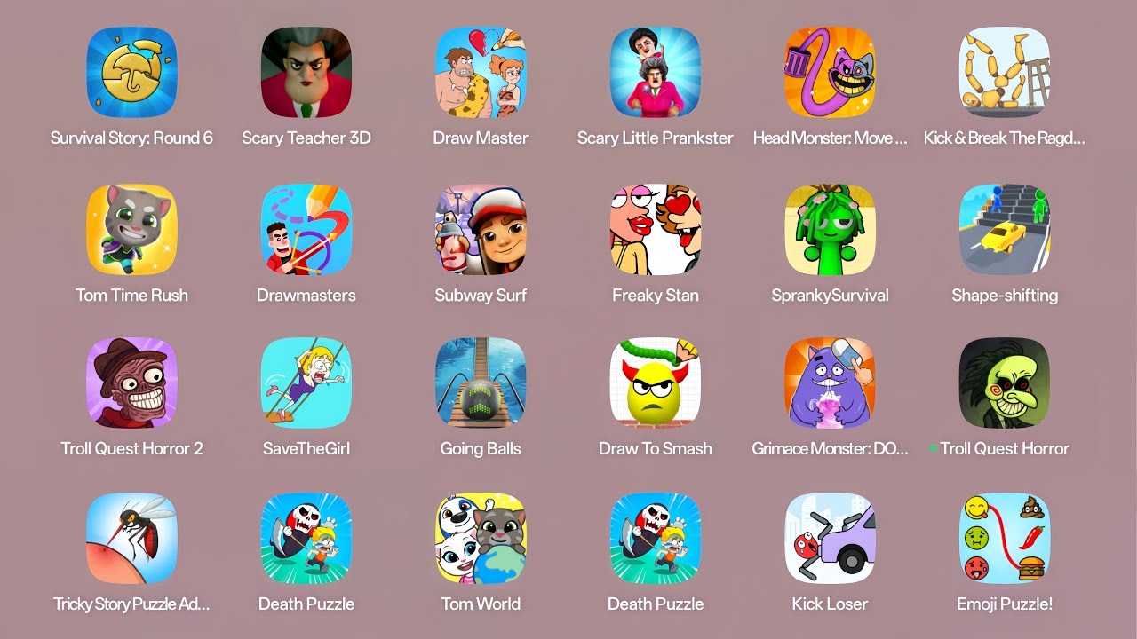Grimace Monster Scary Survival,Roblox,Kick The Buddy,Poppy Playtime 4,Tom Friends,Scary Teacher 3D..