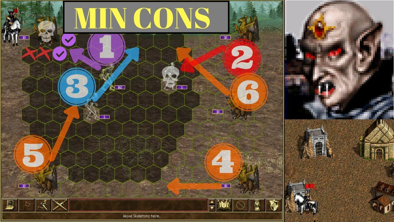 Heroes 3 HotA poradnik: Galthran vs min CONS - on dirt - 160 skeletons vs 50 griffins