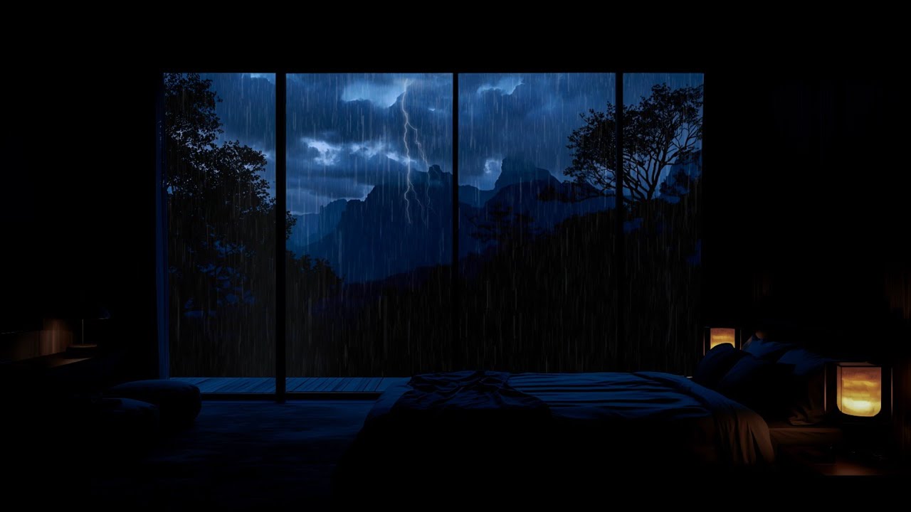 Rainy Night in Cozy Bedroom 🌧️ Mountain Storm Sounds for Falling Asleep Fast