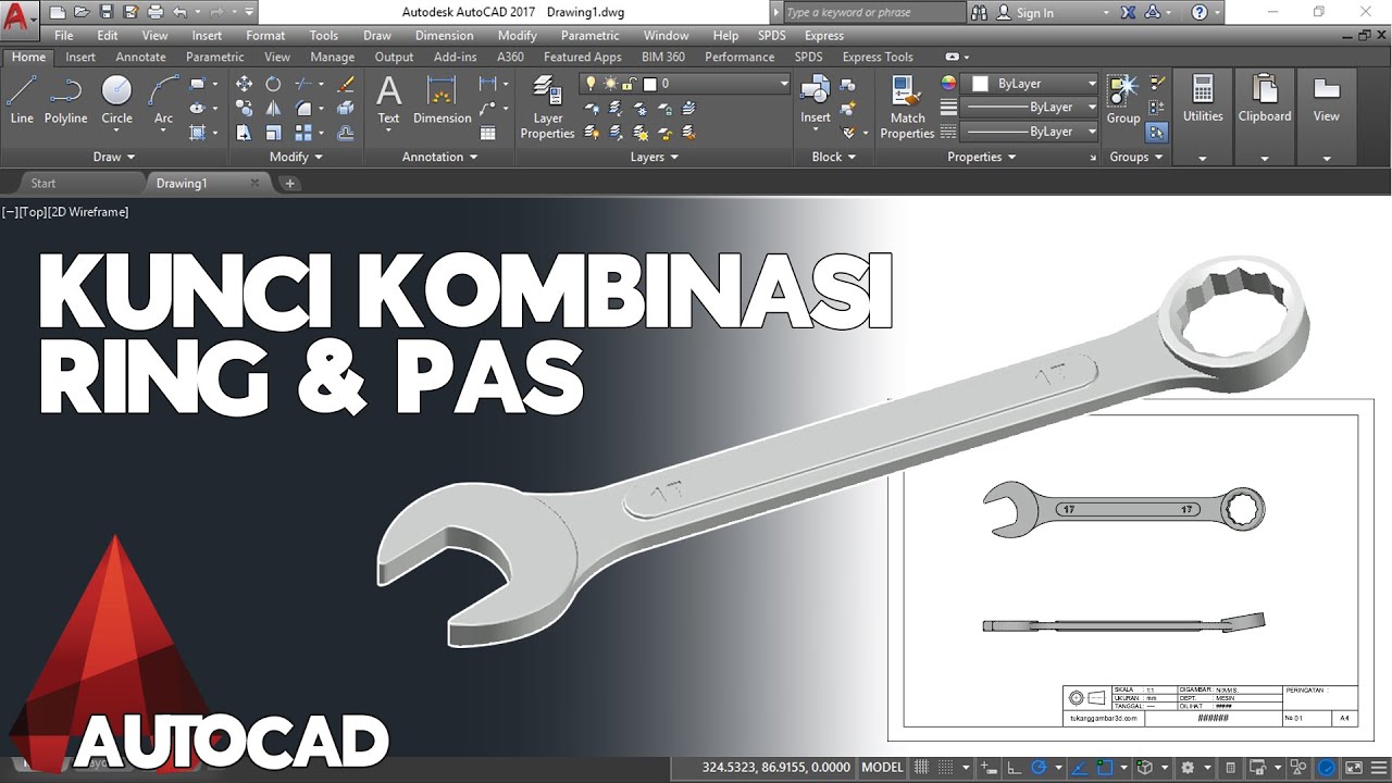 Menggambar Kunci Kombinasi Ring dan Pas 3D Menggunakan AutoCAD